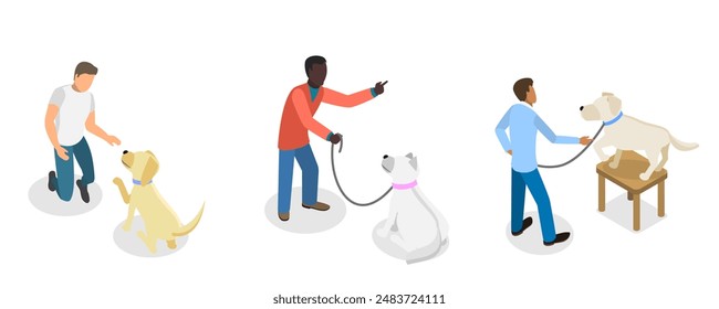 3D Isometric Flat  Set of Dog Training Scenes, Teaching Dogs Tricks