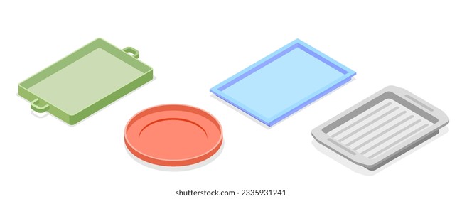 3D Isometric Flat  Set of Empty Serving Trays, Using in Restaurants and Domestic Kitchen