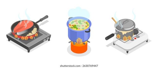 3D Isometric Flat  Set of Field Kitchen Elements, Cooking Food On Camp Stoves