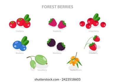 3D Isometric Flat  Set of Forest Berries, Juicy and Fresh Fruits