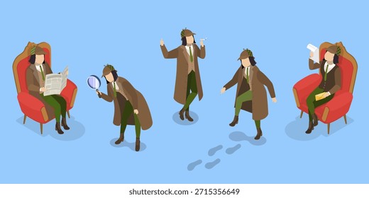 3D Isometric Flat Set of Funny Detective Characters, Investigating Agency