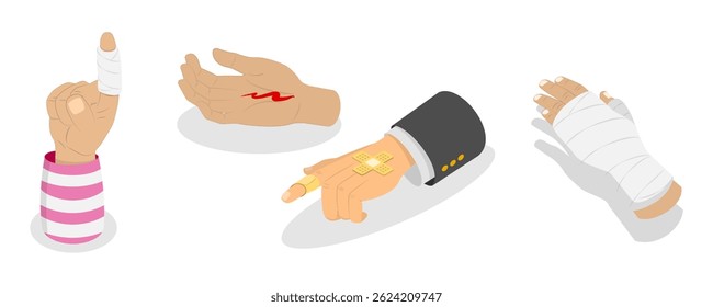 3D Isometric Flat  Set of Hand Injury Treatment, Limb Bandaging Instructions