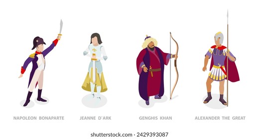 3D Isometric Flat  Set of Historical People, Napoleon Bonaparte, Jeanne dArc, Genghis Khan, Alexander the Great