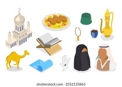 3D Isometric Flat  Set of Islamic Religion Items, Traditional Attributes of Arab Culture