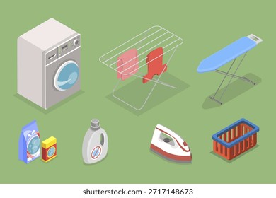 3D Isometric Flat Set of Laundry Service, Housekeeping and Cleanliness