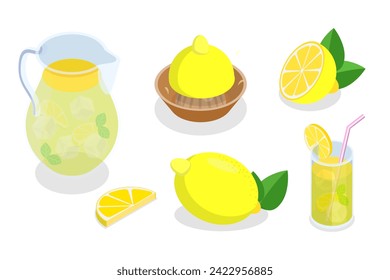 3D Isometric Flat  Set of Lemonade Elements, Lemon, Ice and Jug