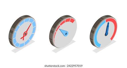 3D Isometric Flat  Set of Meter Set, Gauges, Dashboards or Indicators