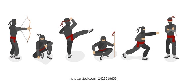 3D Isometric Flat  Set of Ninja Warriors, Fighting Poses