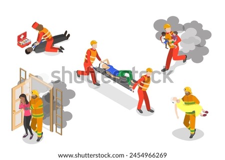 3D Isometric Flat  Set of Rescue Services, First Aid Sssistance for Drowning and Fire Victims