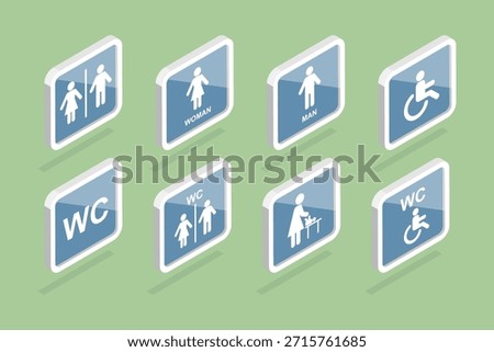 3D Isometric Flat Set of Restroom Signs, Wasthroom Pictograms