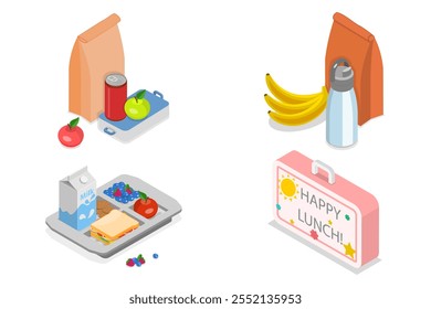 3D Isometric Flat  Set of School Lunch Boxes, Kids Snacks - Powered by Shutterstock