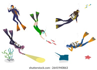 3D Isometric Flat  Set of Scuba Divers, Marine Exploring People