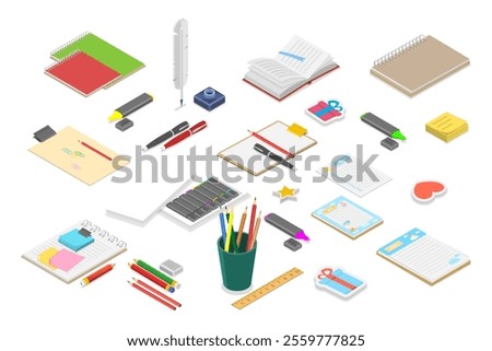 3D Isometric Flat  Set of Sketching, Various Tools for Hand Drawing