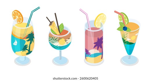 3D Isometric Flat  Set of Summer Cocktails, Refreshing Cold Drinks