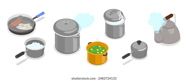3D Isometric Flat  Set of Tableware, Cooking Kitchen Pots