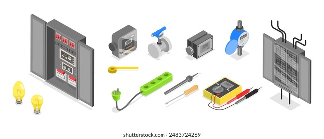 3D Isometric Flat  Set of Tools Of Electrician, Professional Equipment - Powered by Shutterstock