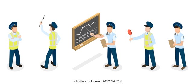3D Isometric Flat  Set of Traffic Policeman Characters, Road Inspector Occupation