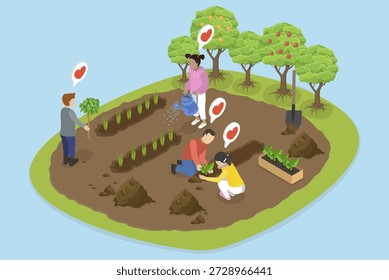 3D Isometric Flat Vector Illustration of Kids In Garden, Children Planting Seedlings Together