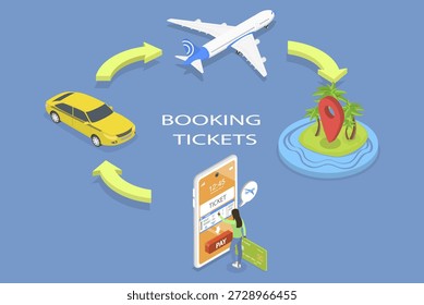 3D Isometric Flat Vector Illustration of Online Ticket Booking, Digital Reservation Platform, Access Convenient Ticketing Services