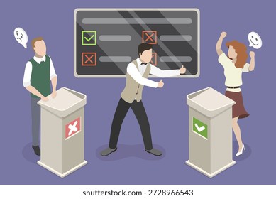 3D Isometric Flat Vector Illustration of Trivia, TV Quiz Show With Host And Two Participants Answering Questions
