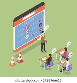 3D Isometric Flat Vector Illustration of Road Safety Learing, Professional School With Experienced Instructors And Comprehensive Lessons