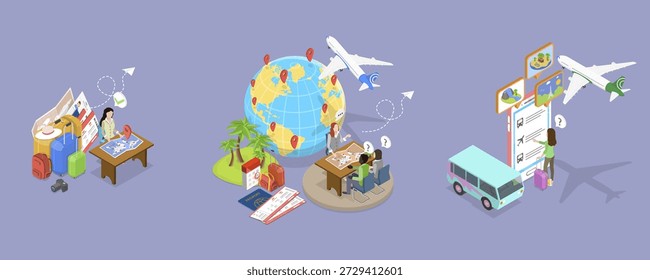 3D Isometric Flat Vector Illustration of Itinerary Planning, Set Of Travel Planners