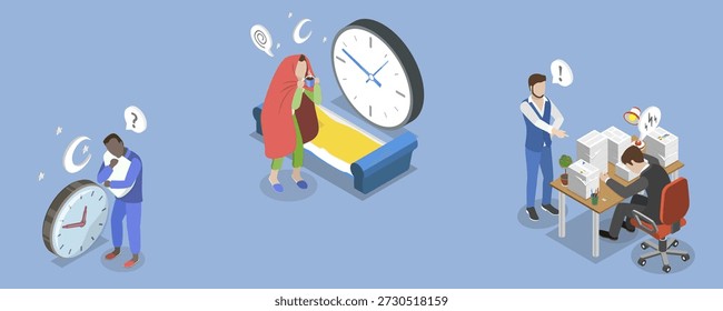 3D Isometric Flat Vector Illustration of Sleep Problems, Stress Management