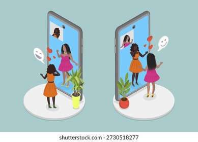 3D Isometric Flat Vector Illustration of Phone in a Dialogue Scene, Laughing Girls Communicate On Cellphone Using Reliable Mobile Provider Network
