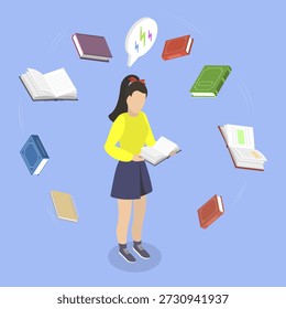 3D Isometric Flat Vector Illustration of Kids Education, Reading Books To Enhance Knowledge And Skills
