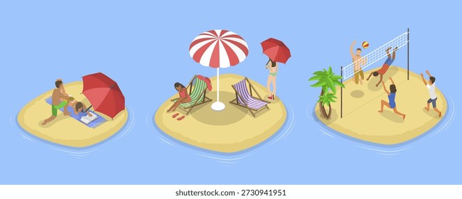 3D Isometric Flat Vector Illustration of Beach Fun, Summer Leasure Time