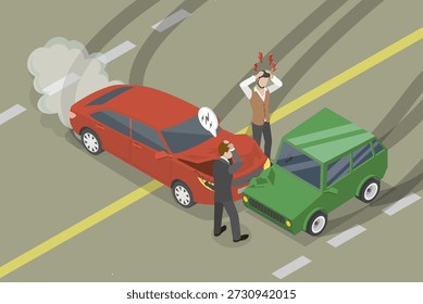3D Isometric Flat Vector Illustration of Car Accident, Two Car Collision