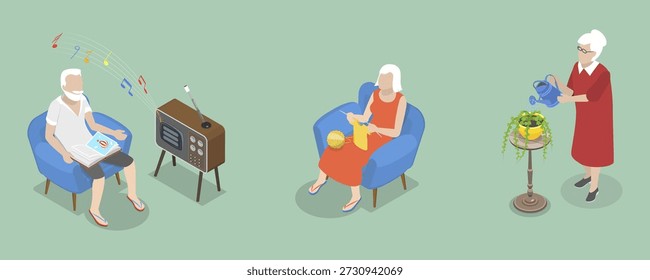 3D Isometric Flat Vector Illustration of Leisure Fun, Elderly Men And Women Enjoying Hobbies At Nursing Home