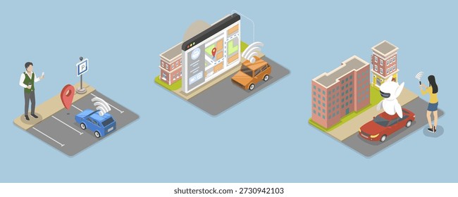 3D Isometric Flat Vector Illustration of Driver Assistant System, Autonomous Vehicles