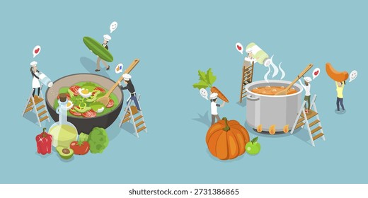 3D Isometric Flat Vector Illustration of Cooking Classes, Chef Preparing Food