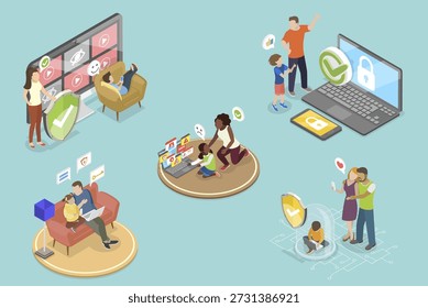 3D Isometric Flat Vector Illustration of Internet Cyber Safety, Parental Control