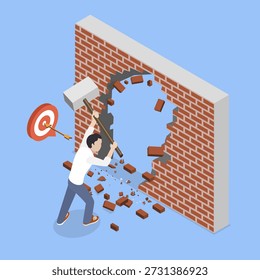 3D Isometric Flat Vector Illustration of Breakthrough to Goal, Ambitious Young Businessman Smashing Wall To Achieve Business Success