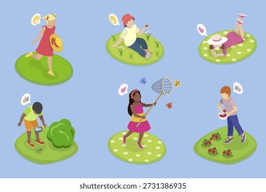 3D Isometric Flat Vector Illustration of Happy Children Havin Fun, Activities For Kids In Springtime
