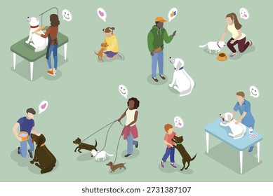 3D Isometric Flat Vector Illustration of Pet Lovers, Veterinary Clinic, Homeless Animals Shelter