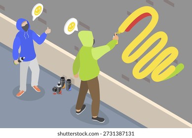 3D Isometric Flat Vector Illustration of Vandalism, Hooded Graffiti Vandals Defacing Public Buildings