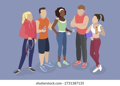 3D Isometric Flat Vector Illustration of Friends Workout Together, Excited People In Athletic Attire Pose In Gym With Fitness Gear