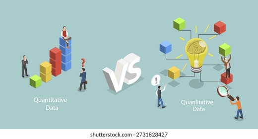 3D Isometric Flat Vector Illustration of Quantitative VS Qualitative, Comparison Between Data Measurement Approaches