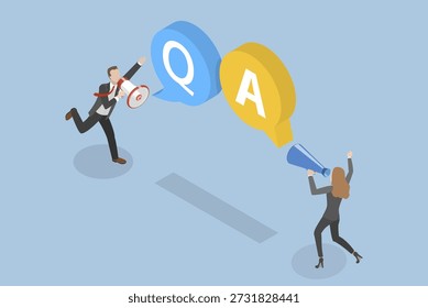 3D Isometric Flat Vector Illustration of Q And A, Businessman And Woman Holding Megaphone For QA Session With FAQ Information