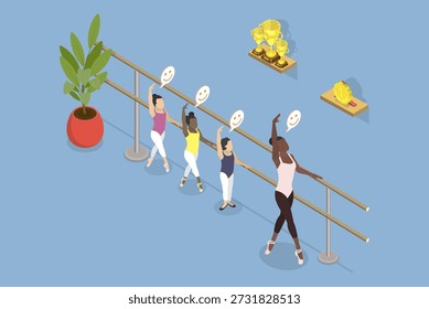 3D Isometric Flat Vector Illustration of Ballet Classes, Informational Flyer Promoting Dance School Event