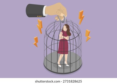 3D Isometric Flat Vector Illustration of Girl In Birdcage, Man Dominates Relationship By Locking Unhappy Woman In Birdcage