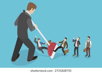 3D Isometric Flat Vector Illustration of Downsizing, Businessmen Sweeping And Being Swept By Broom