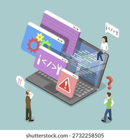 3D Isometric Flat Vector Illustration of Code Error, Process Of Bug Testing With Error Detection
