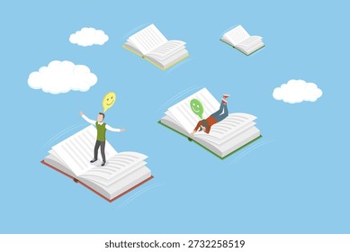 3D Isometric Flat Vector Illustration of Book Reading, Couple Soaring Above On Books Above The Clouds