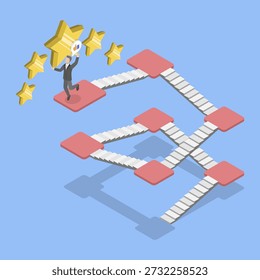 3D Isometric Flat Vector Illustration of Reaching Goal, Entrepreneur Ascends Stairs, Grasps Largest Star