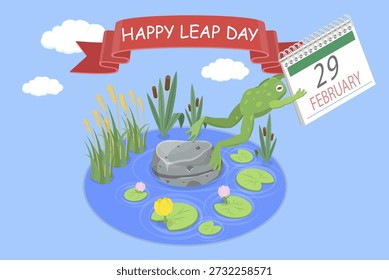 3D Isometric Flat Vector Illustration of Happy Leap Day, Celebration With Jumping Frog