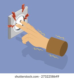 3D Isometric Flat Vector Illustration of Electric Shock, Safety Regulations Violating, Touching Hand Near Electrical Outlet